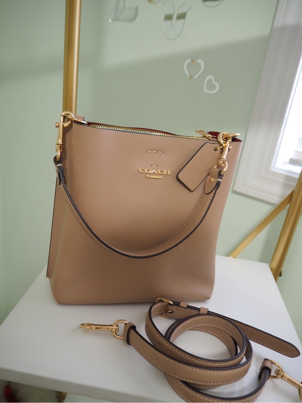 COACH Taupe Pebble Leather Small Town Bucket Bag Crossbody Handbag Gold Hardware - Picture 2 of 5
